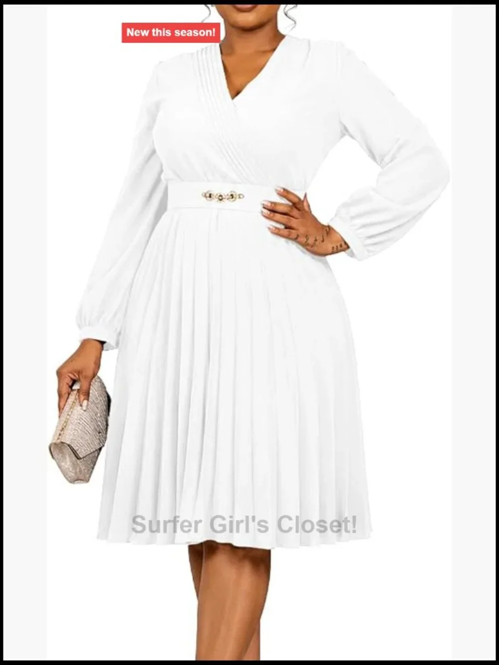 Elegant Pleated Midi Dress with Belt V-Neck 3/4 Sleeve High Waist A-Line Work